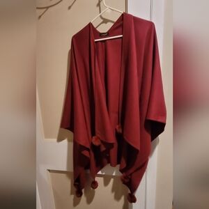 Chic Burgundy Women's Poncho with Pom-Poms